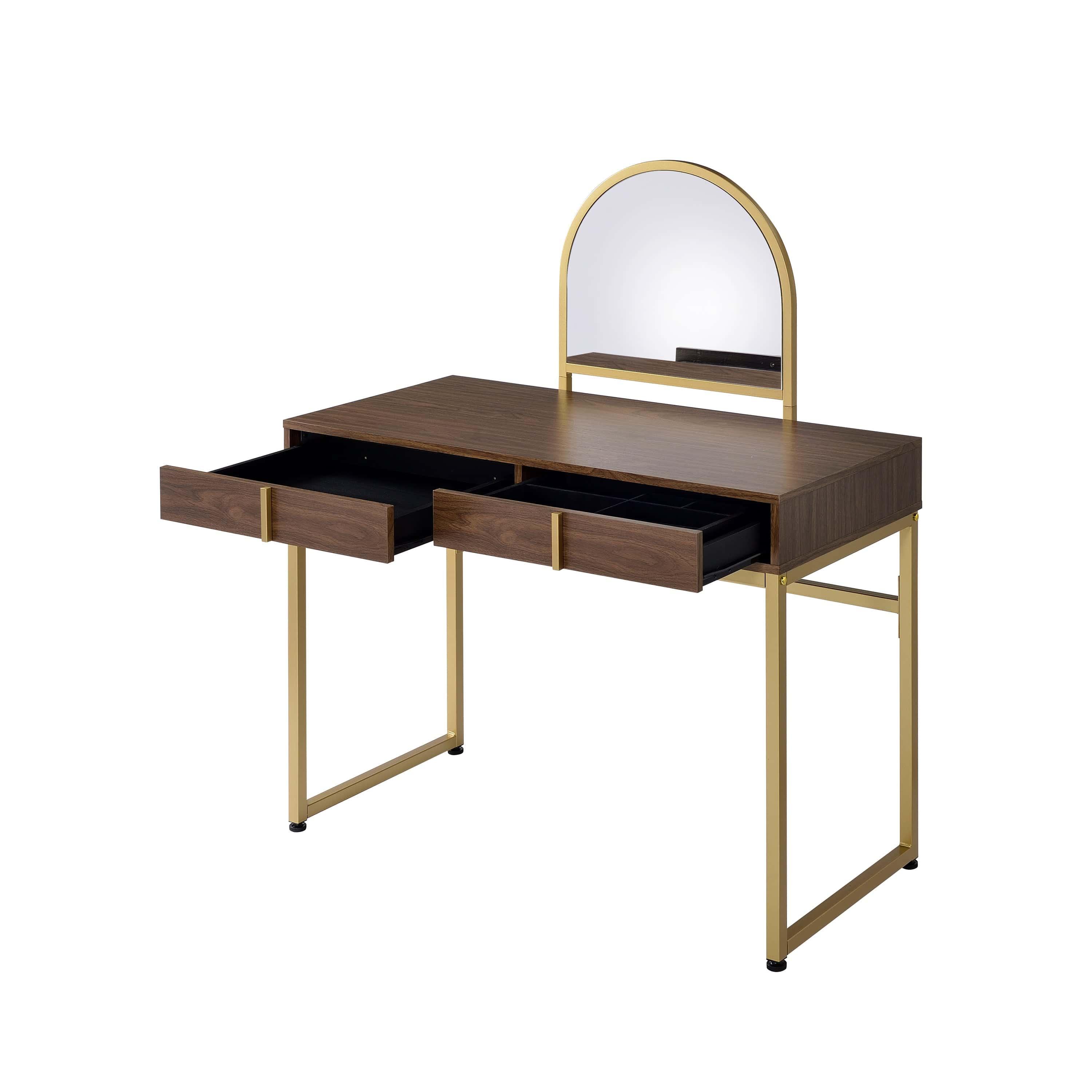 Shop ACME Coleen Vanity Desk w/Mirror & Jewelry Tray in Walnut & Gold Finish AC00670 Mademoiselle Home Decor