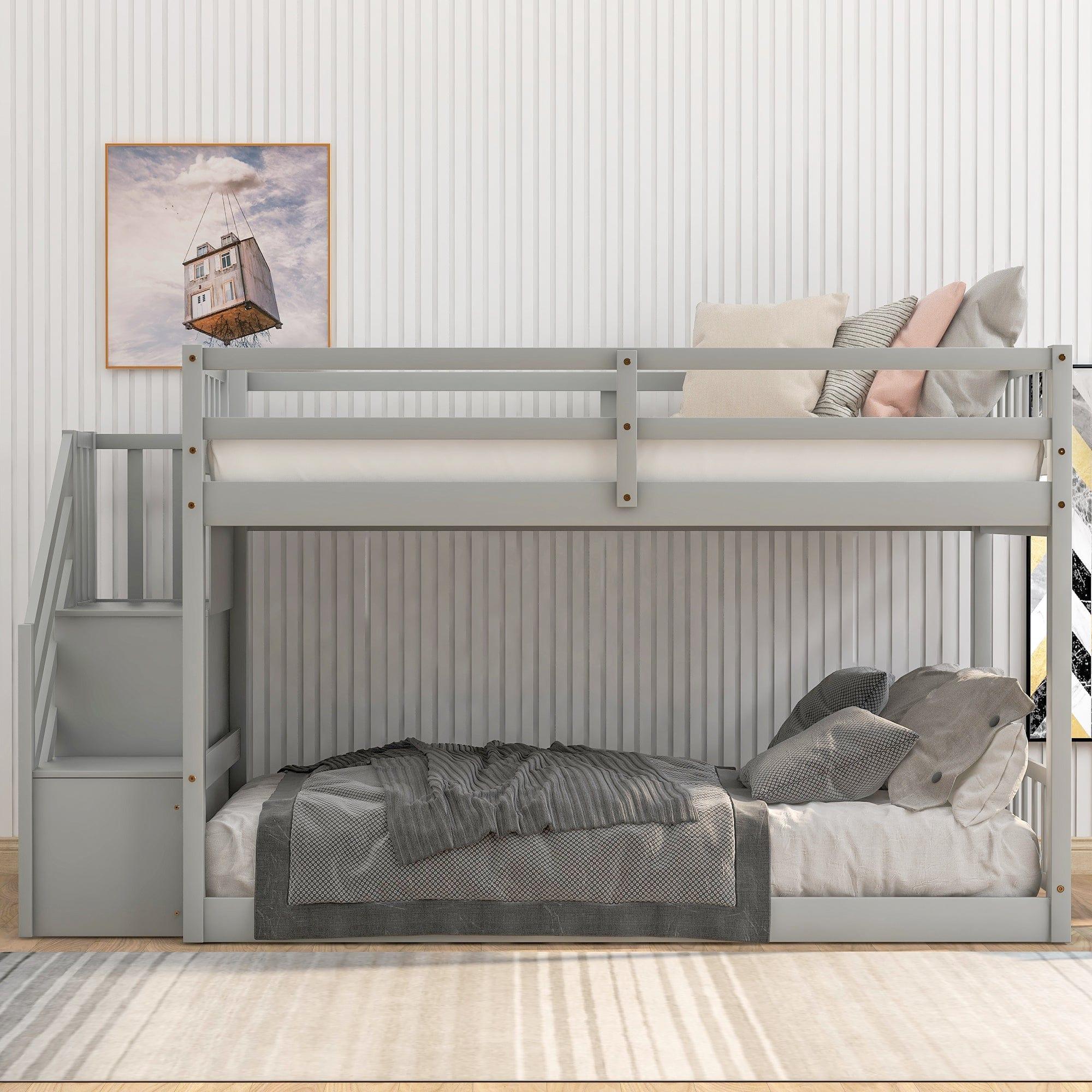 Shop Twin over Twin Floor Bunk Bed, Ladder with Storage, Gray Mademoiselle Home Decor