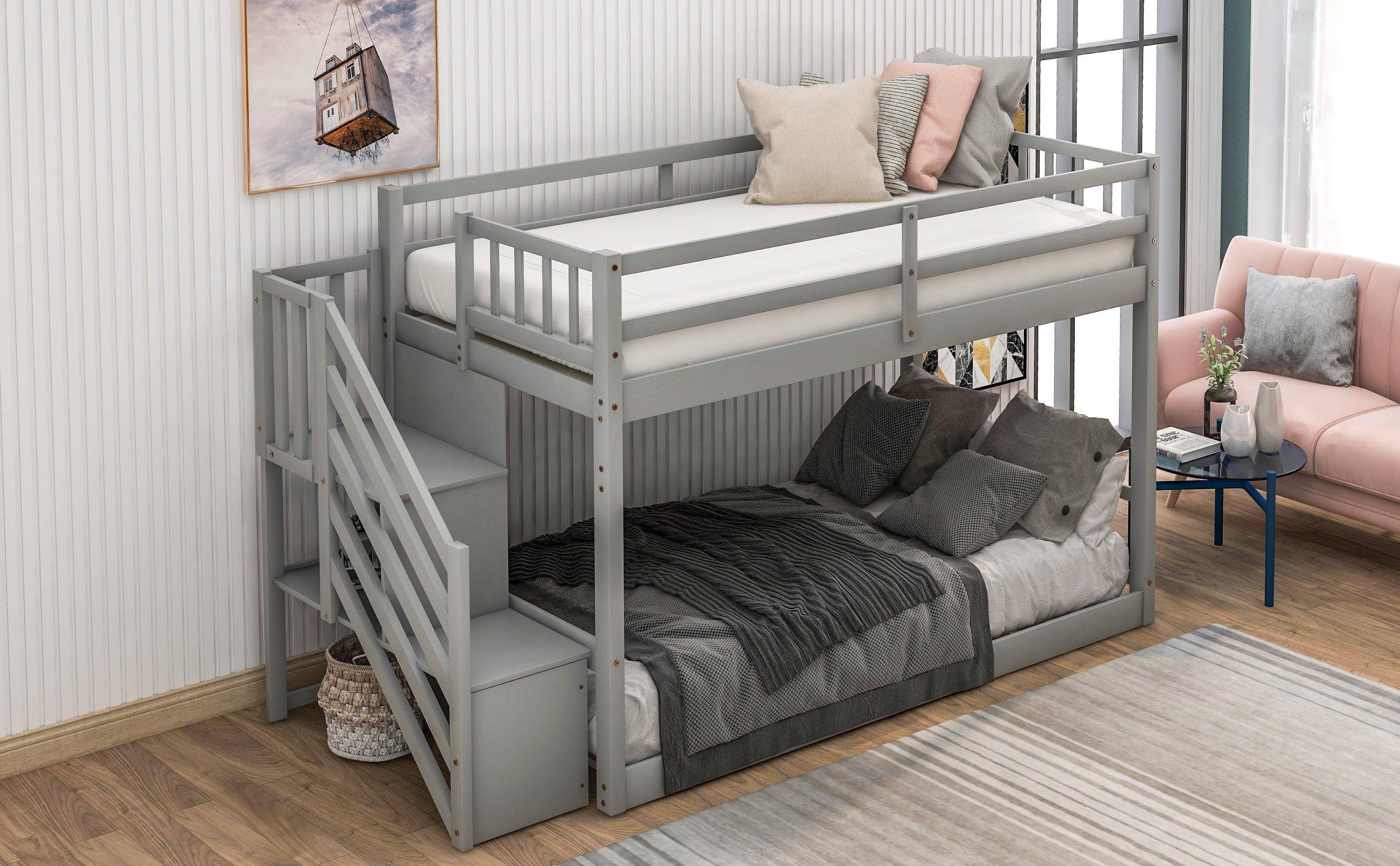 Shop Twin over Twin Floor Bunk Bed, Ladder with Storage, Gray Mademoiselle Home Decor