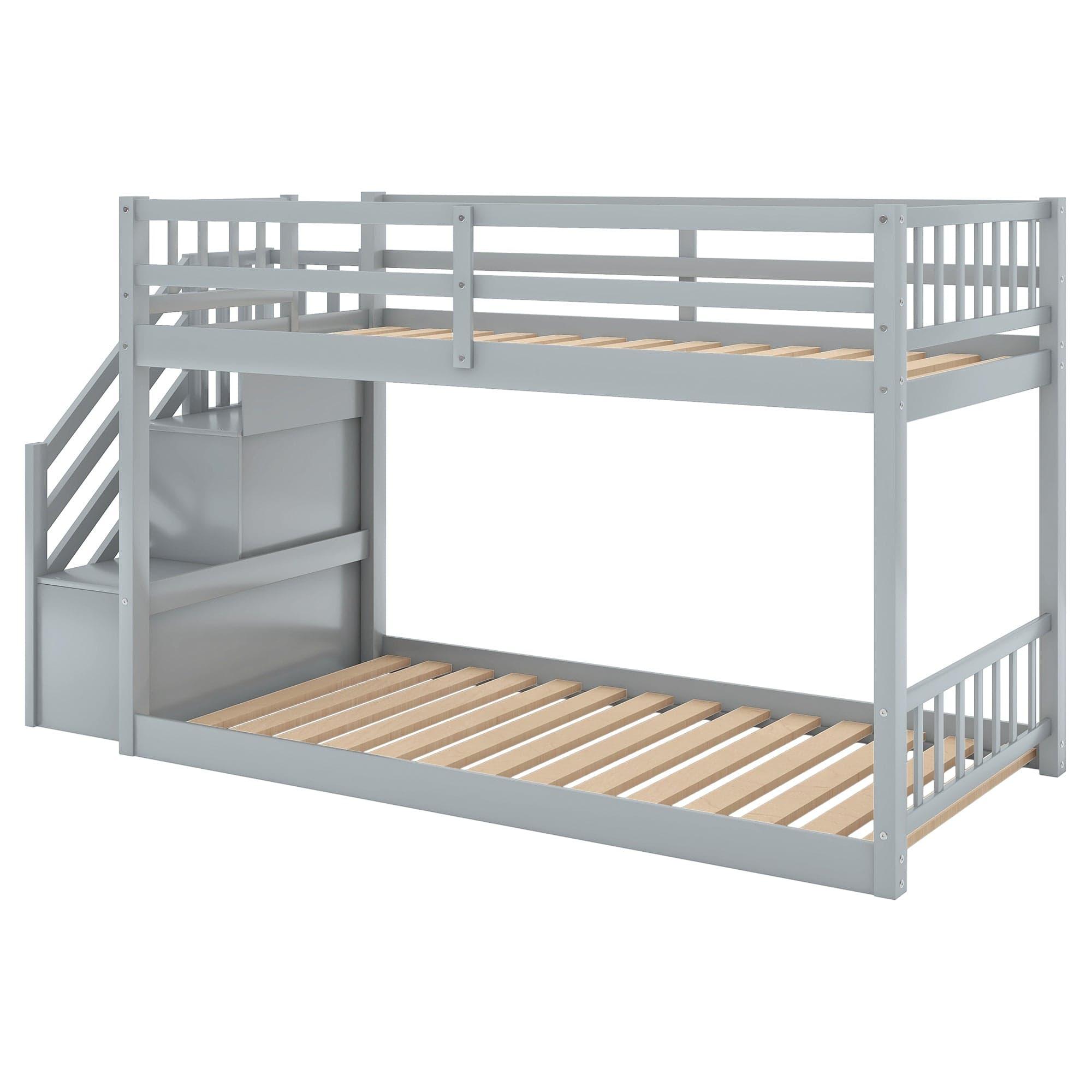 Shop Twin over Twin Floor Bunk Bed, Ladder with Storage, Gray Mademoiselle Home Decor