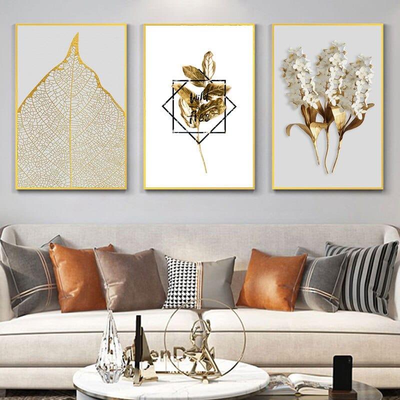 Shop 0 Nordic Golden Abstract Leaf Flower Wall Art Canvas Painting Black White Feathers Poster Print Wall Picture for Living Room Decor Mademoiselle Home Decor