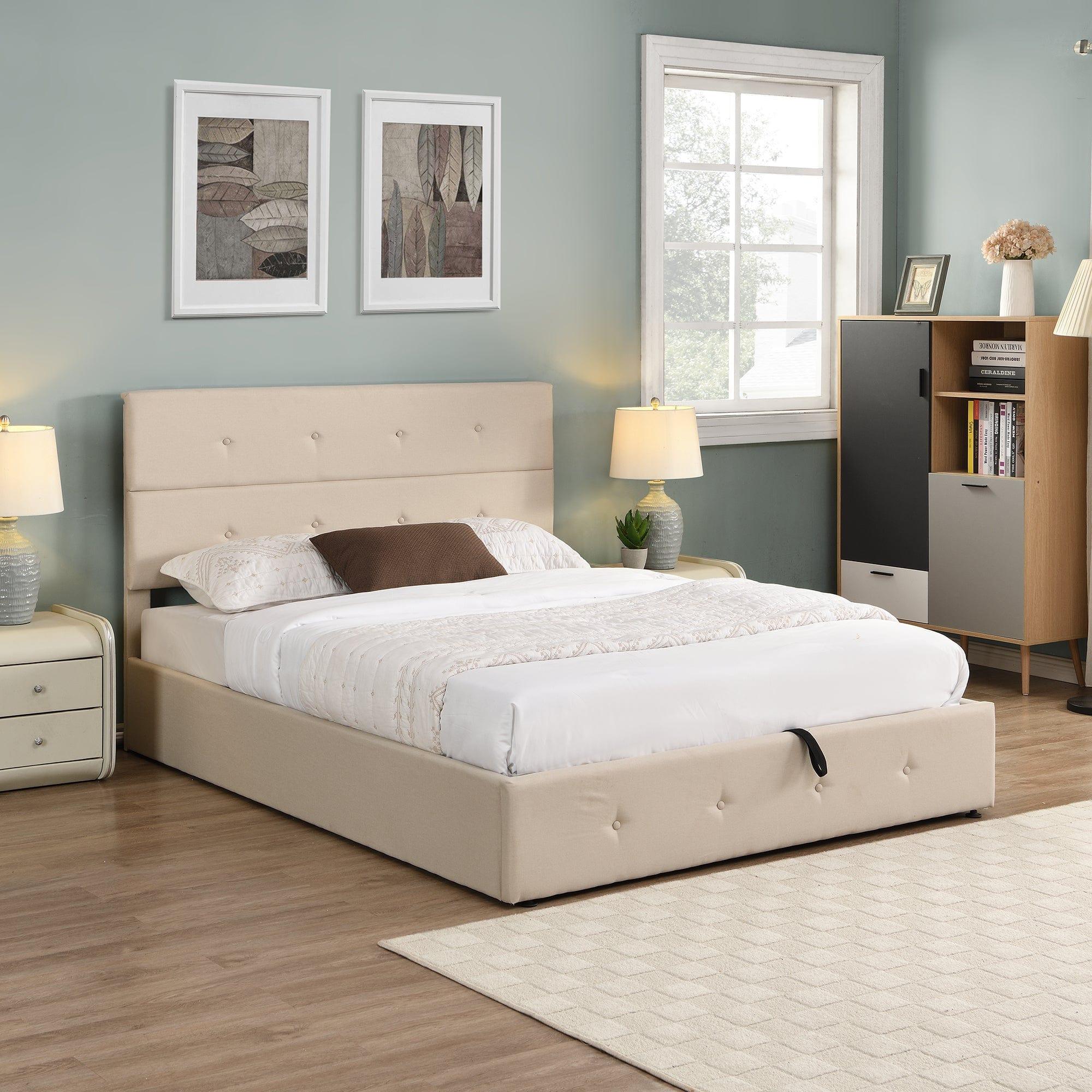 Shop Berlin Beige Upholstered Platform Bed with Under Storage - Queen Mademoiselle Home Decor