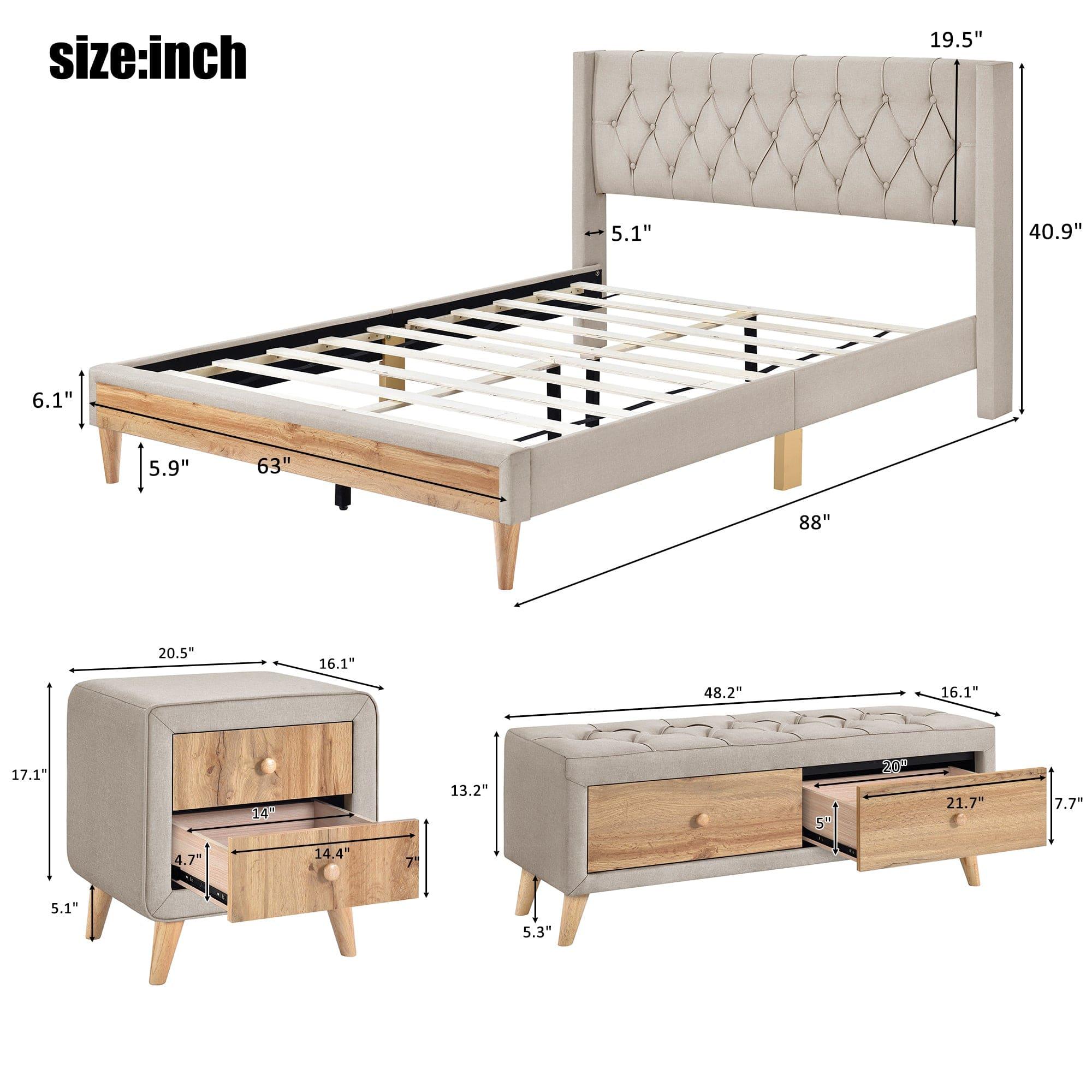 Shop Bisou Beige Upholstered Platform Bed 4pcs Bedroom Set -Queen Mademoiselle Home Decor