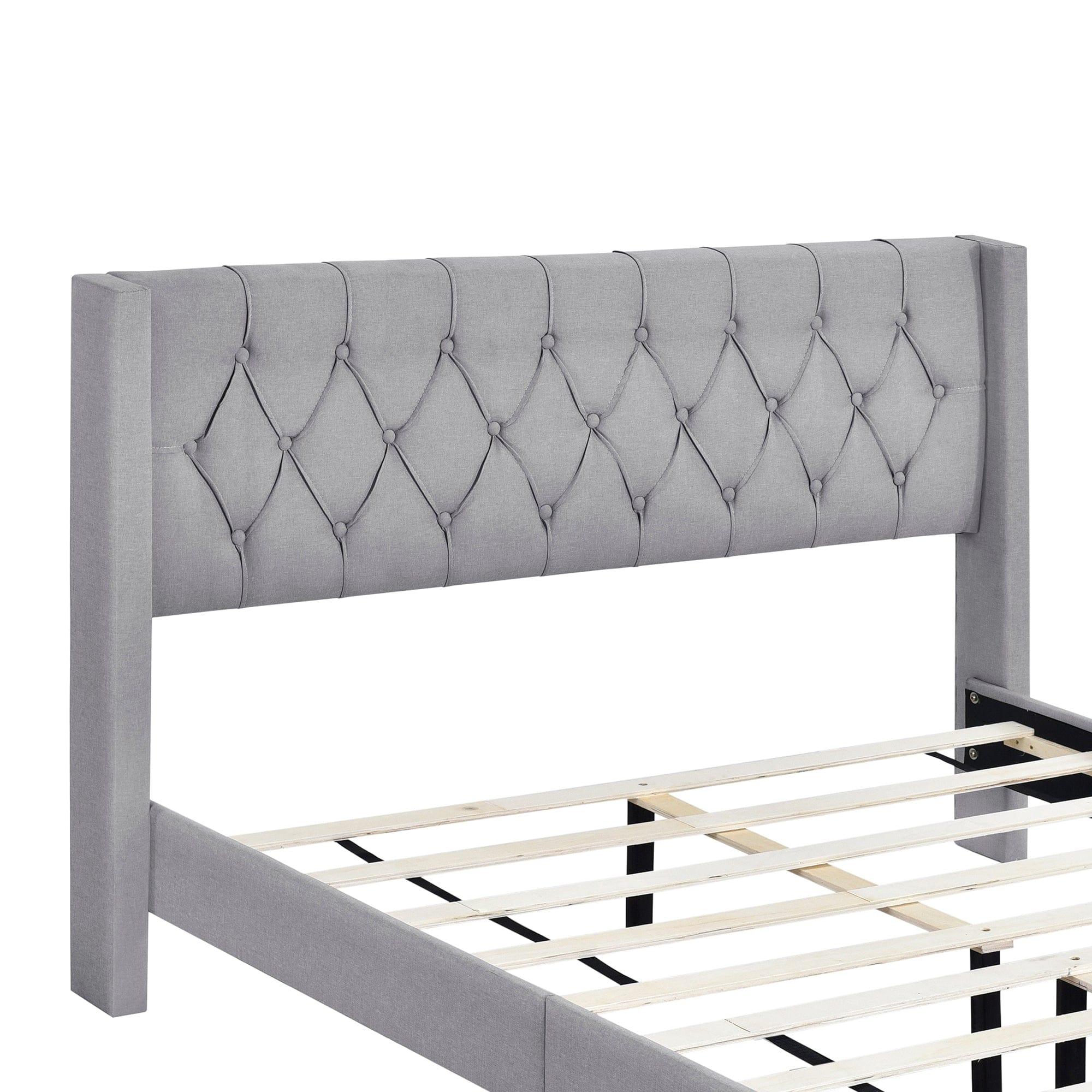 Shop Upholstered Platform Bed with Rubber Wood Legs,No Box Spring Needed, Linen Fabric,Queen Size-Gray Mademoiselle Home Decor