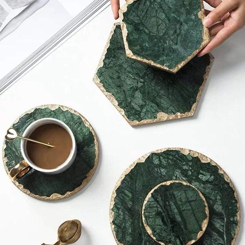 Shop 0 Luxury Non-slip Emerald Real Marble coaster mug place mat Green Stone with Gold Inlay Heat Resistant Trivet Table Decoration Mademoiselle Home Decor