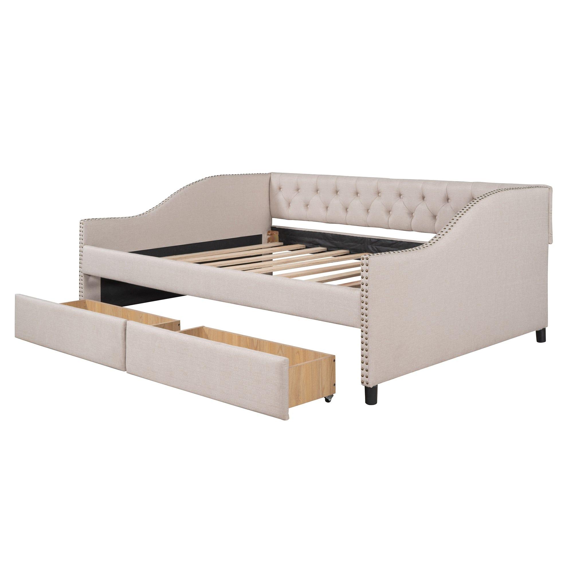 Shop Upholstered daybed with Two Drawers, Wood Slat Support, Beige, Full Size(OLD SKU :LP001111AAA) Mademoiselle Home Decor