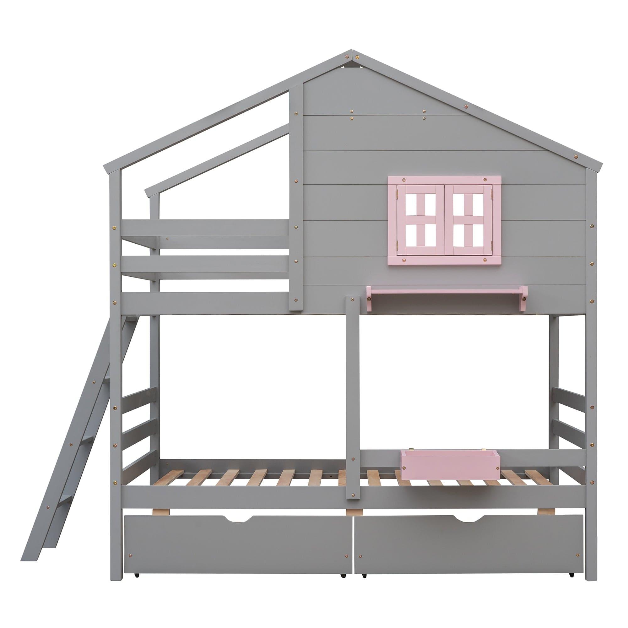 Shop Twin over Twin Bunk Bed with 2 Drawers, 1 Storage Box, 1 Shelf, Window and Roof-Gray(OLD SKU:LT000608AAE) Mademoiselle Home Decor