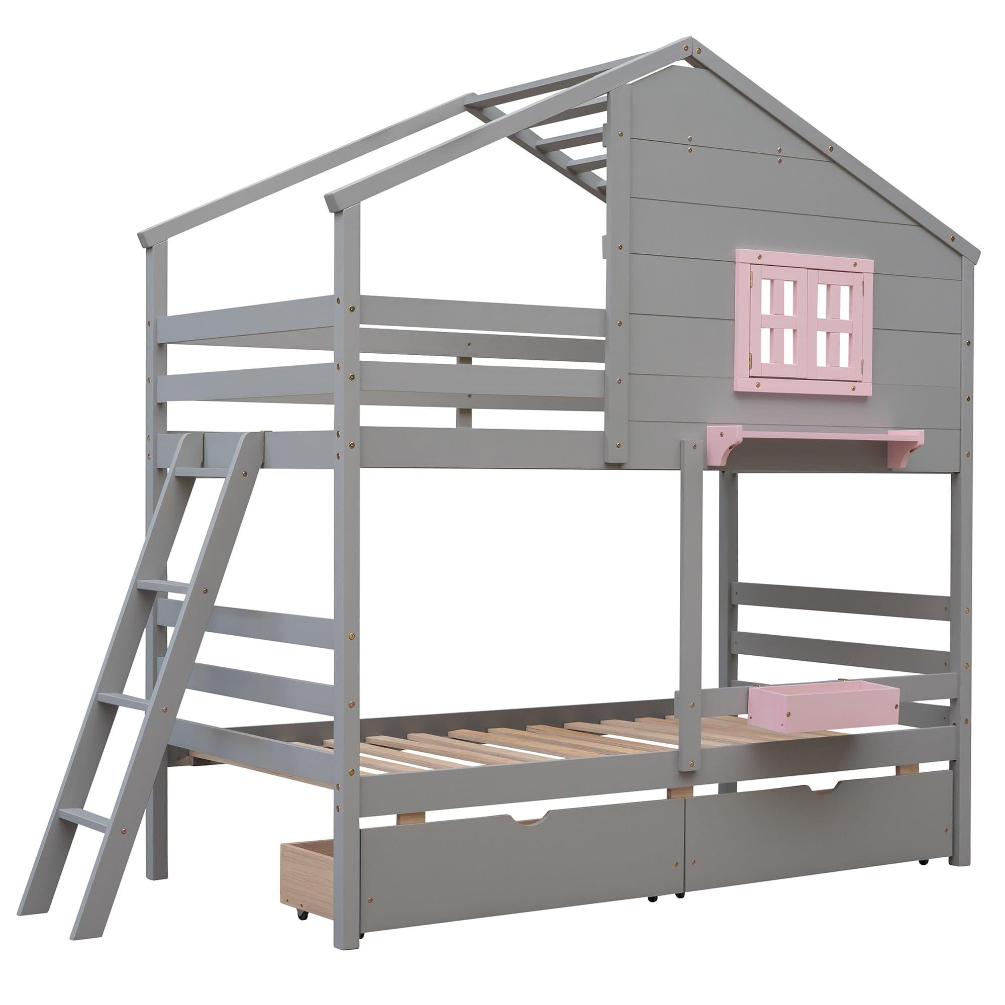 Shop Twin over Twin Bunk Bed with 2 Drawers, 1 Storage Box, 1 Shelf, Window and Roof-Gray(OLD SKU:LT000608AAE) Mademoiselle Home Decor