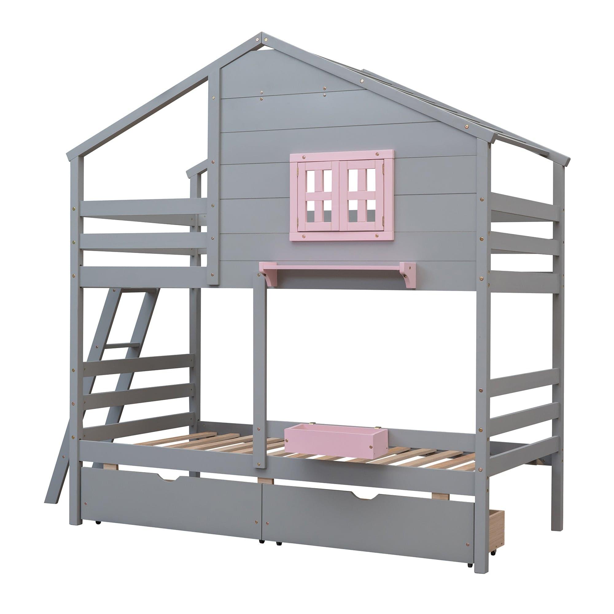 Shop Twin over Twin Bunk Bed with 2 Drawers, 1 Storage Box, 1 Shelf, Window and Roof-Gray(OLD SKU:LT000608AAE) Mademoiselle Home Decor