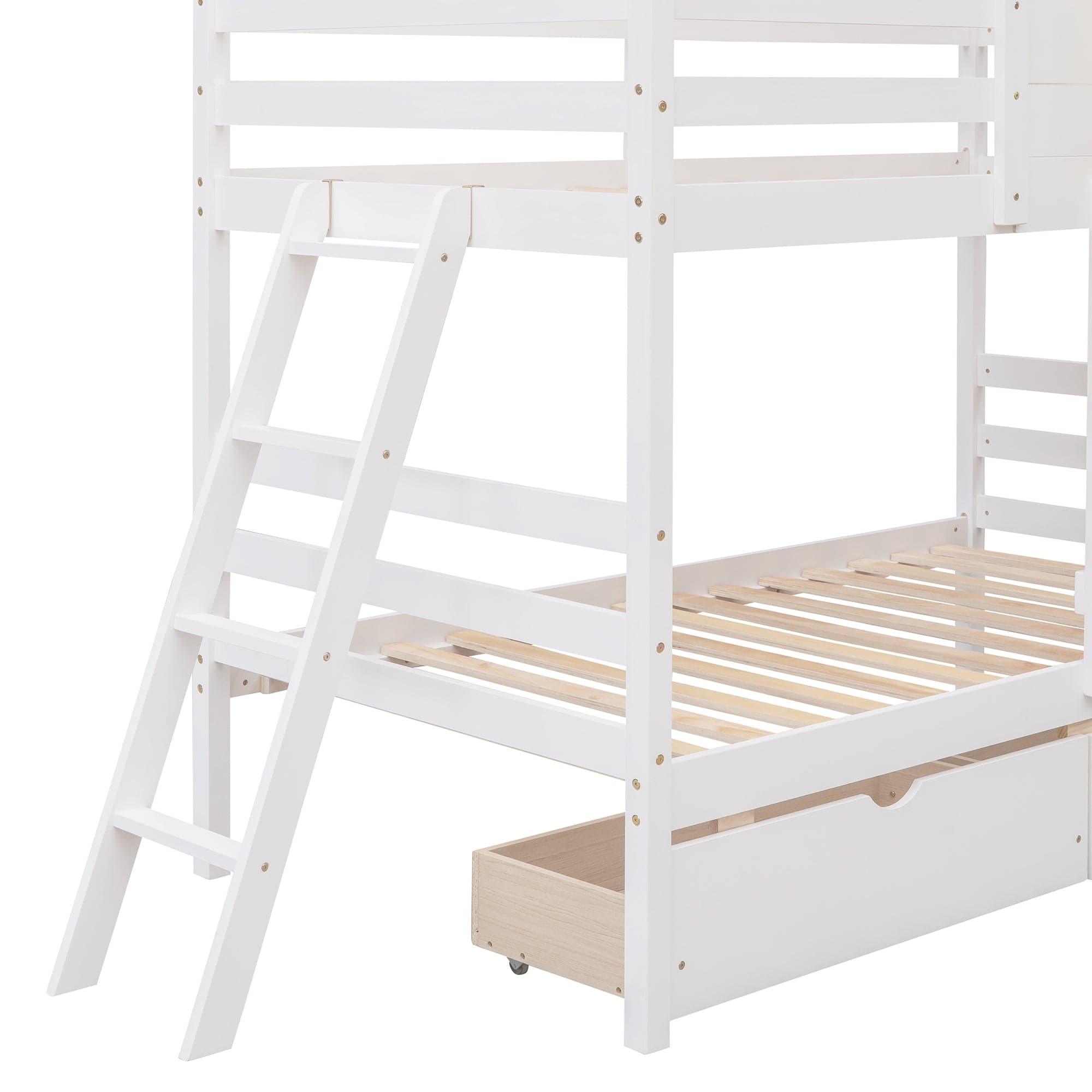 Shop Twin over Twin Bunk Bed with 2 Drawers, 1 Storage Box, 1 Shelf, Window and Roof-White(OLD SKU:LT000608AAK) Mademoiselle Home Decor