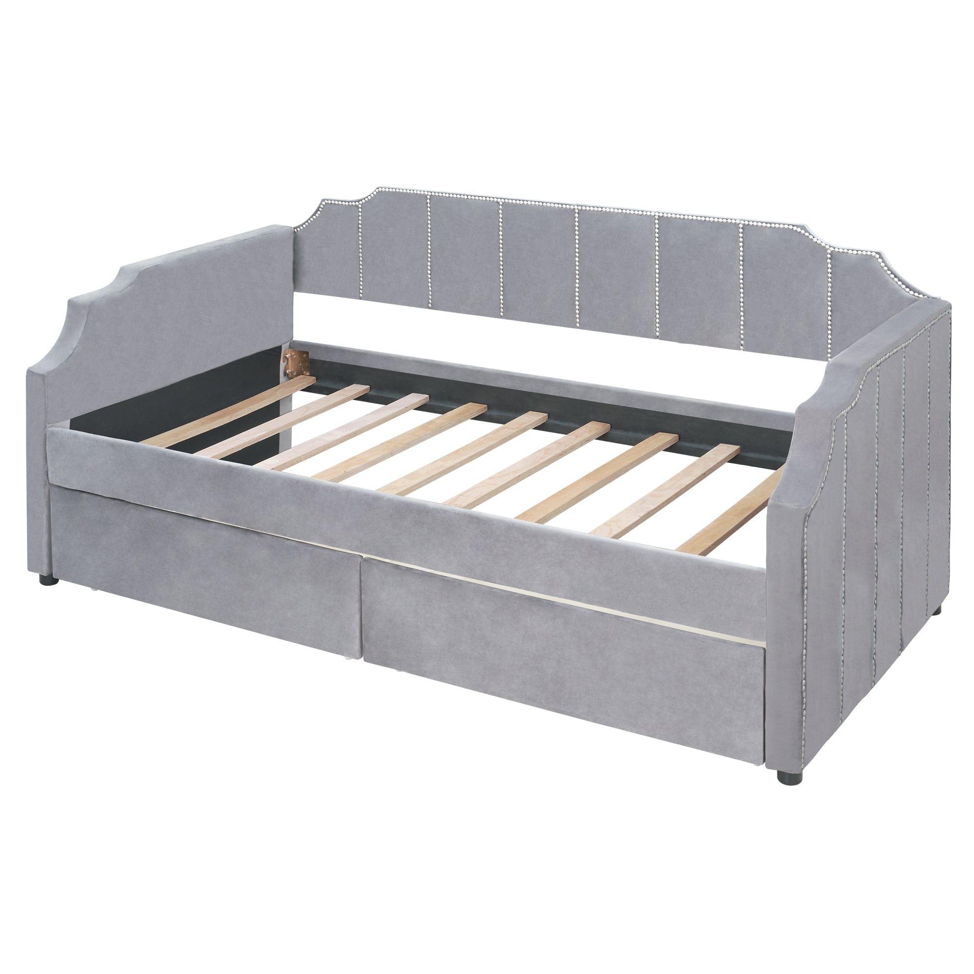 Shop Twin Size Upholstered daybed with Drawers, Wood Slat Support, Gray Mademoiselle Home Decor