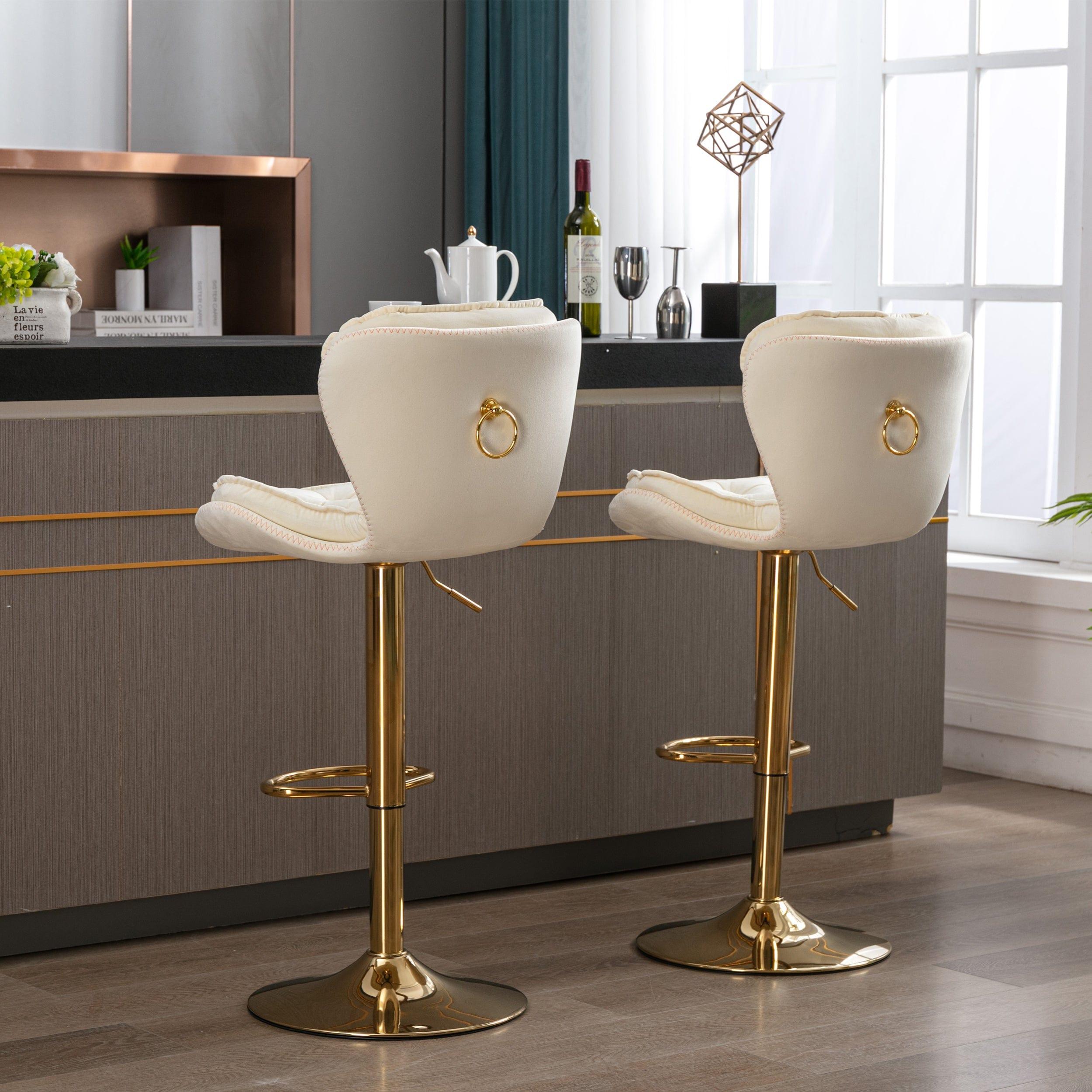 Shop Set of 2  Bar Stools,with Chrome Footrest and Base Swivel Height Adjustable Mechanical Lifting Velvet + Golden Leg Simple Bar Stool-cream Mademoiselle Home Decor