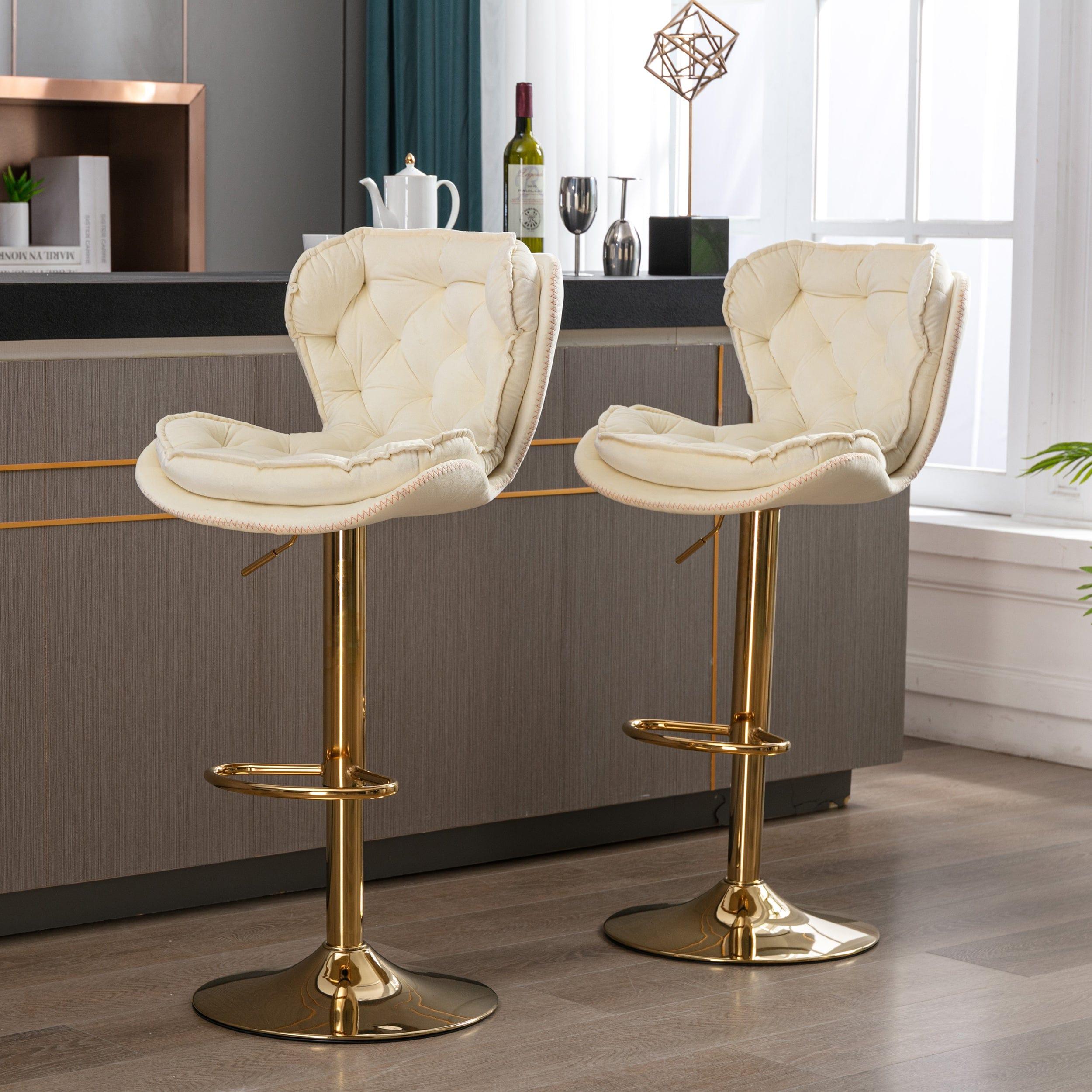 Shop Set of 2  Bar Stools,with Chrome Footrest and Base Swivel Height Adjustable Mechanical Lifting Velvet + Golden Leg Simple Bar Stool-cream Mademoiselle Home Decor