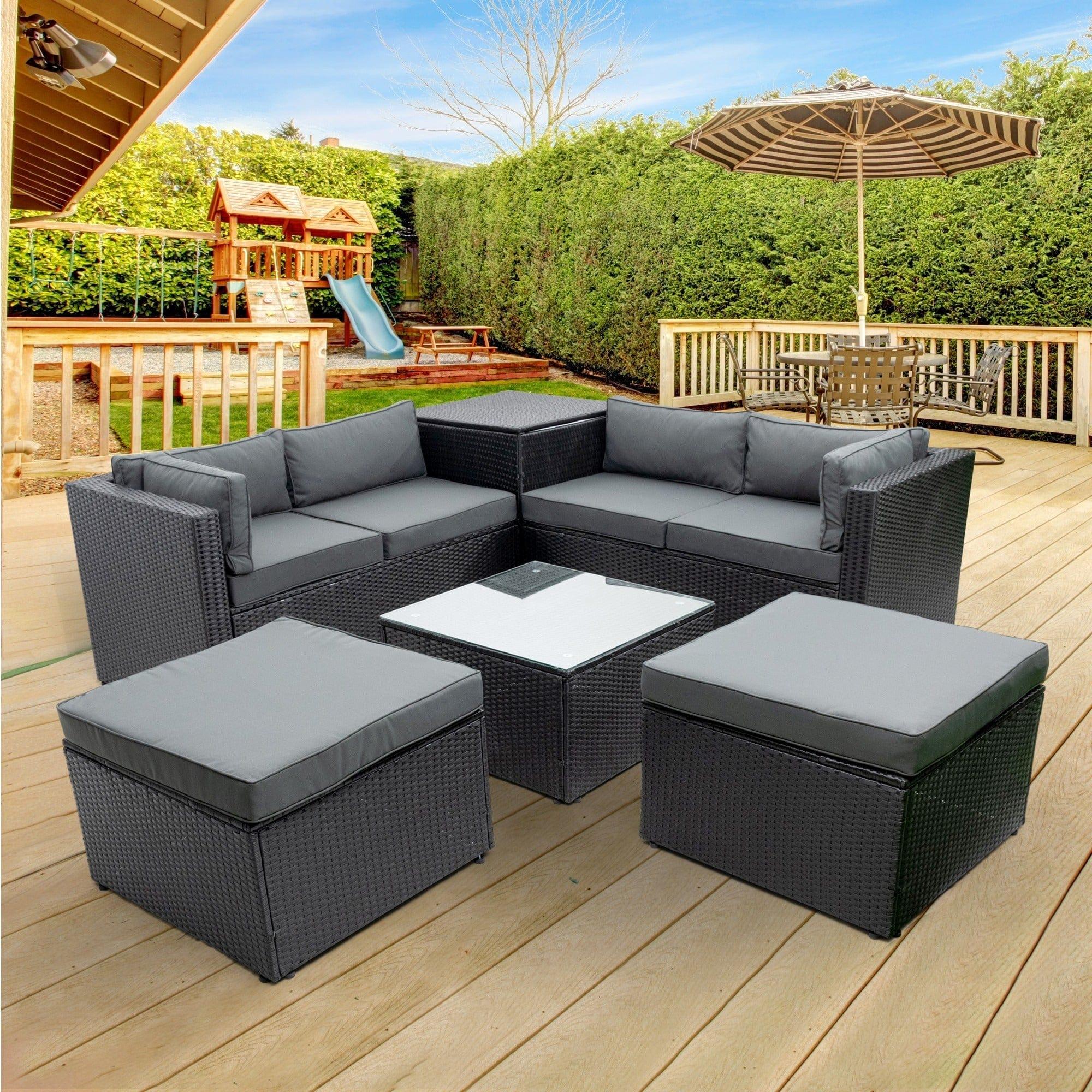 Shop 6 Piece Patio Rattan Wicker Outdoor Furniture Conversation Sofa Set with Storage Box Removeable Cushions and Temper glass TableTop Mademoiselle Home Decor