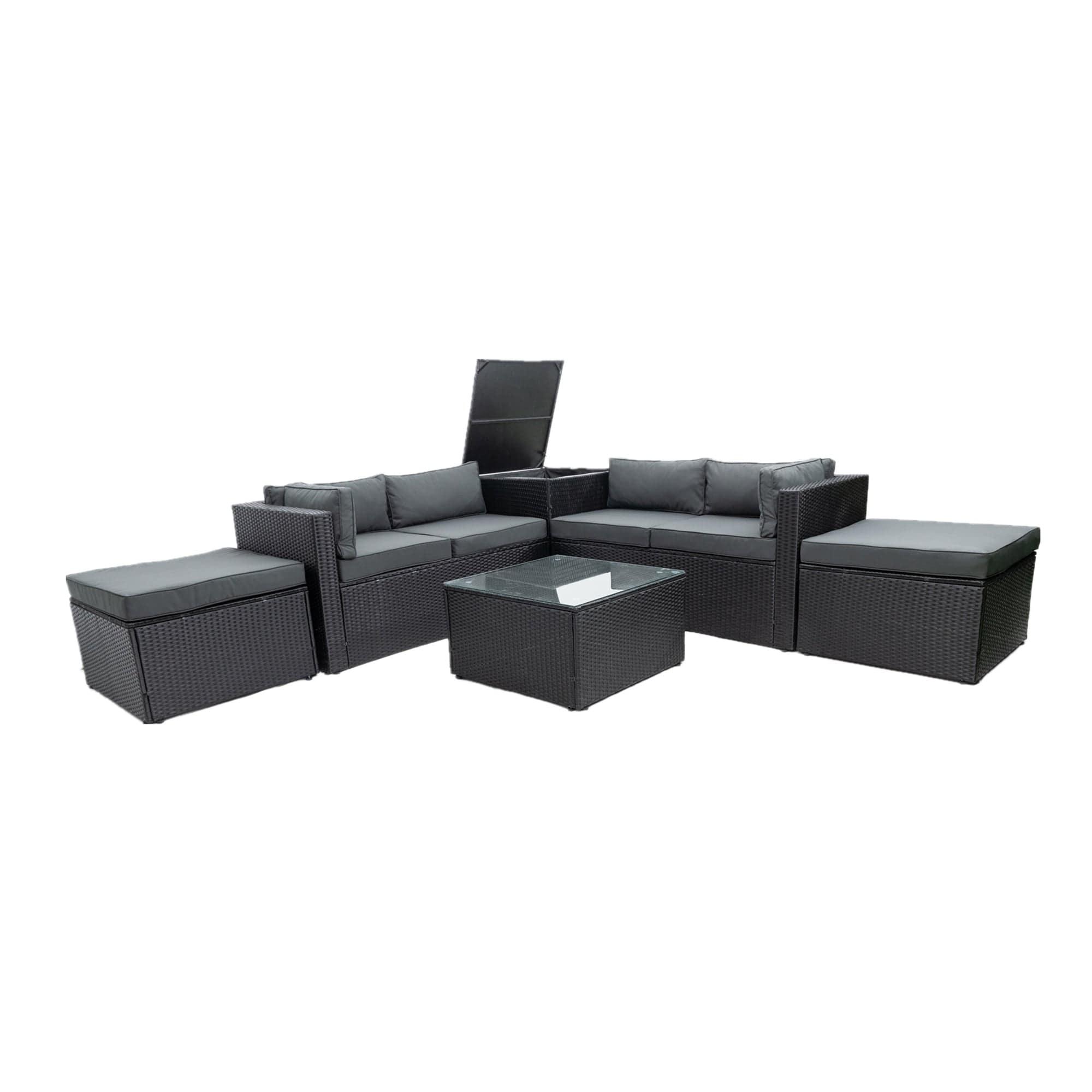 Shop 6 Piece Patio Rattan Wicker Outdoor Furniture Conversation Sofa Set with Storage Box Removeable Cushions and Temper glass TableTop Mademoiselle Home Decor