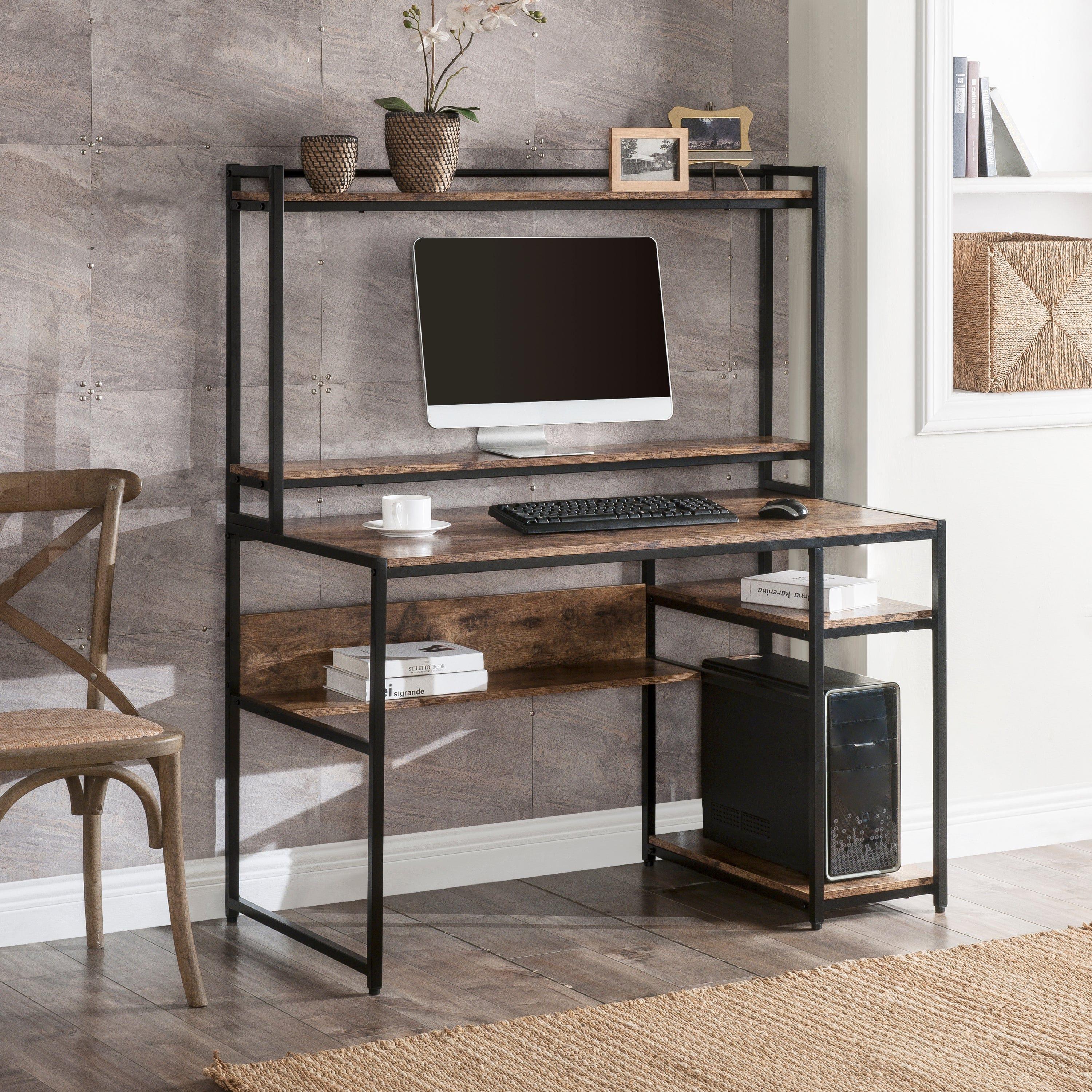 Shop Home Office Computer Desk with 2-Tier Bookshelf and Open Storage Shelf/Equipped with Removable Monitor Riser(Brown) Mademoiselle Home Decor