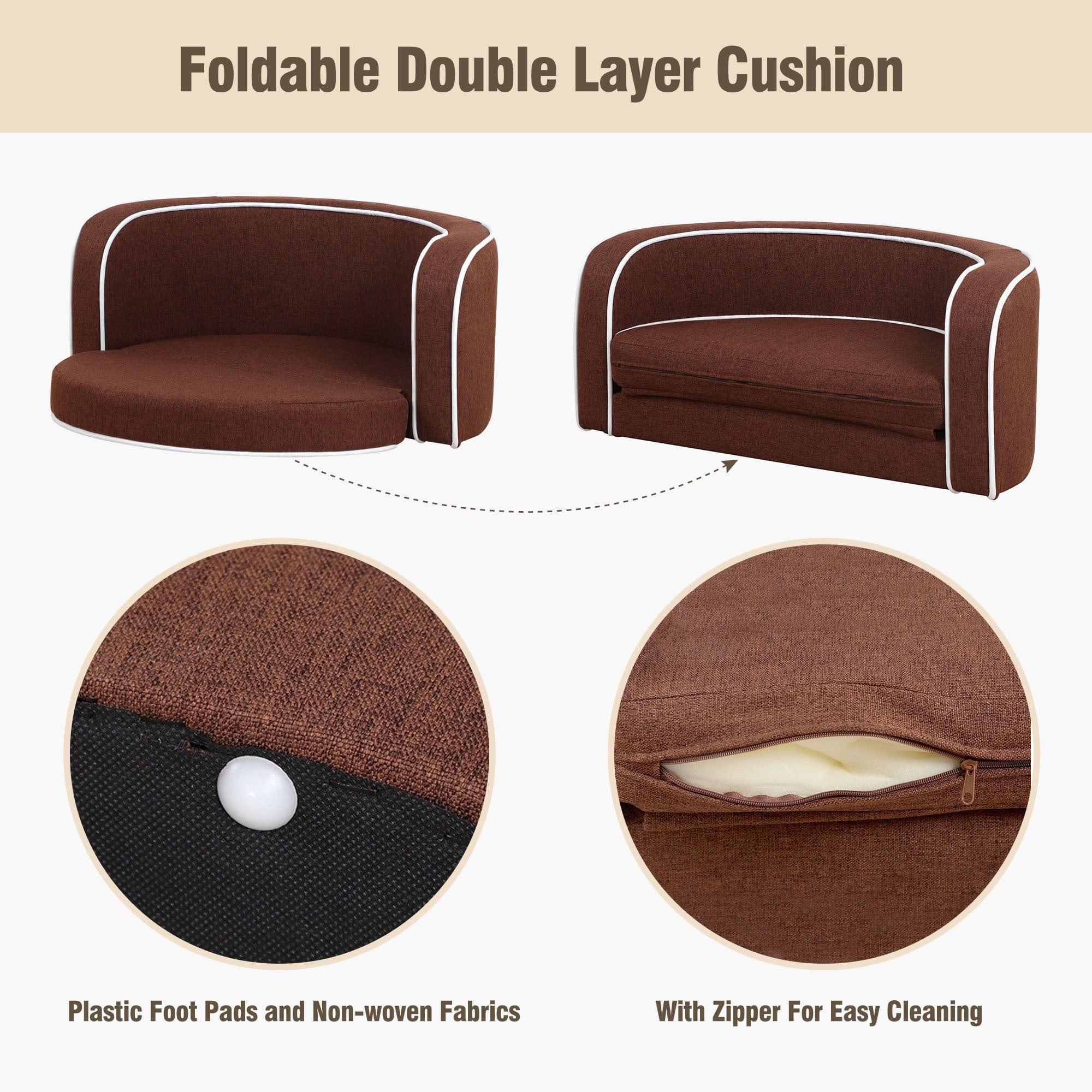 Shop 30" Brown Round Pet Sofa, Dog sofa, Dog bed, Cat Bed, Cat Sofa, with Wooden Structure and Linen Goods White Roller Lines on the Edges Curved Appearance pet Sofa with Cushion Mademoiselle Home Decor