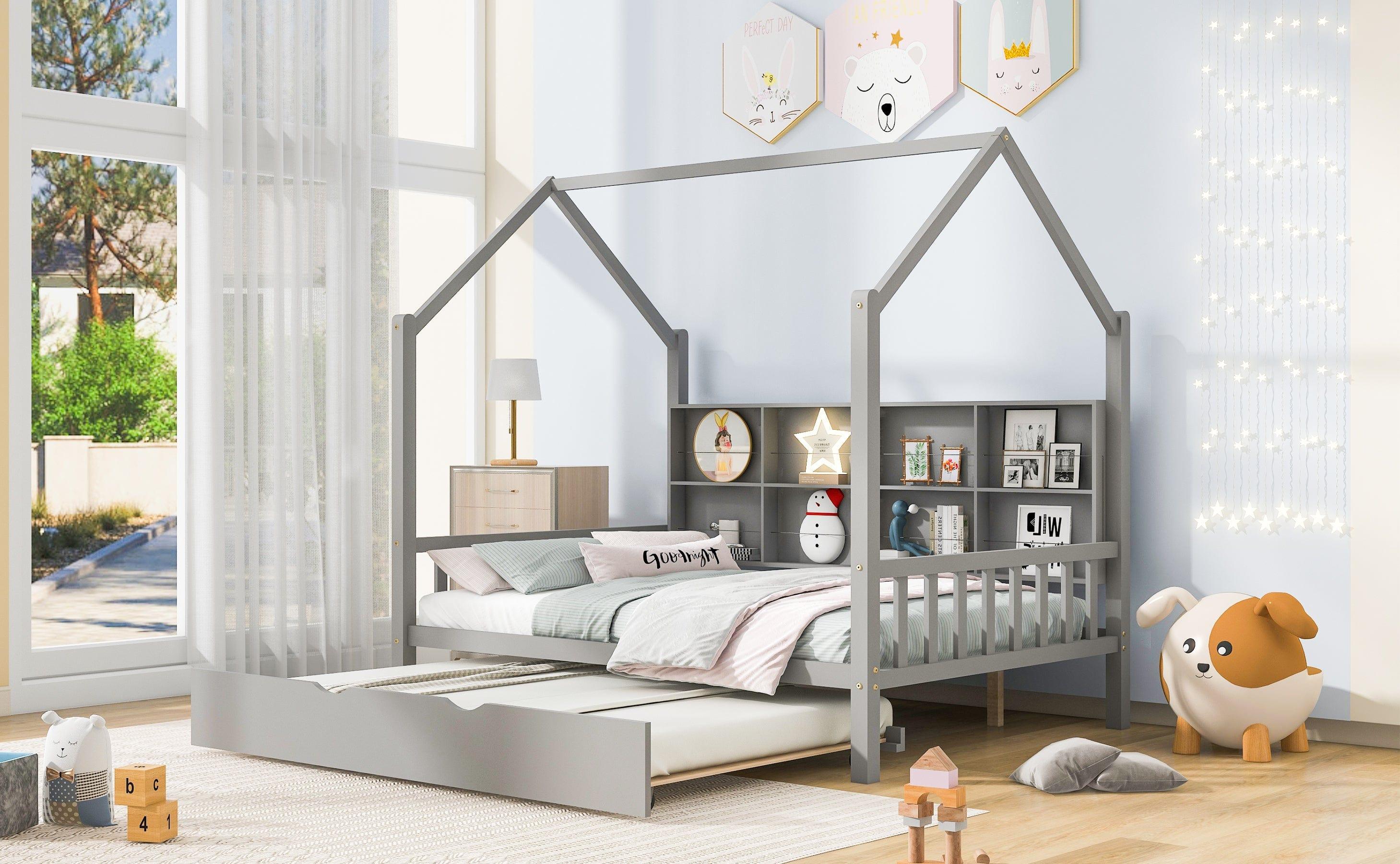 Shop Wooden Full Size House Bed with Trundle,Kids Bed with Shelf, Gray Mademoiselle Home Decor