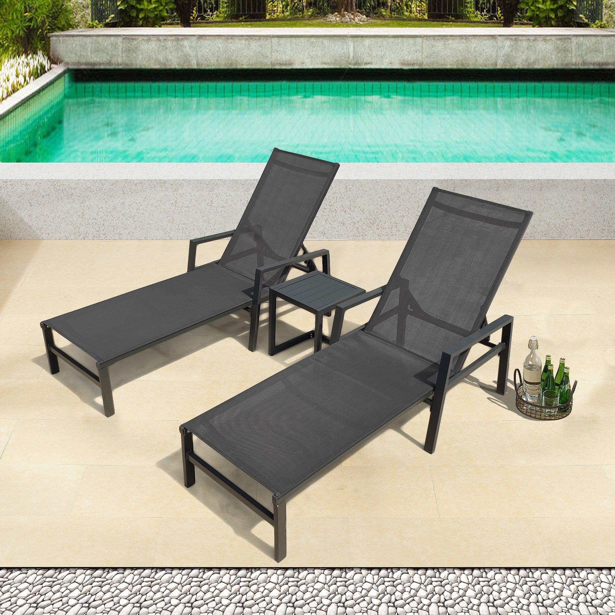 Shop Outdoor 3-Pcs Set Chaise Lounge Chairs With Table,Five-Position Adjustable Aluminum Recliners Set,All Weather For Patio,Beach,Yard, Pool(Grey Frame/Dark Gray Fabric) Mademoiselle Home Decor