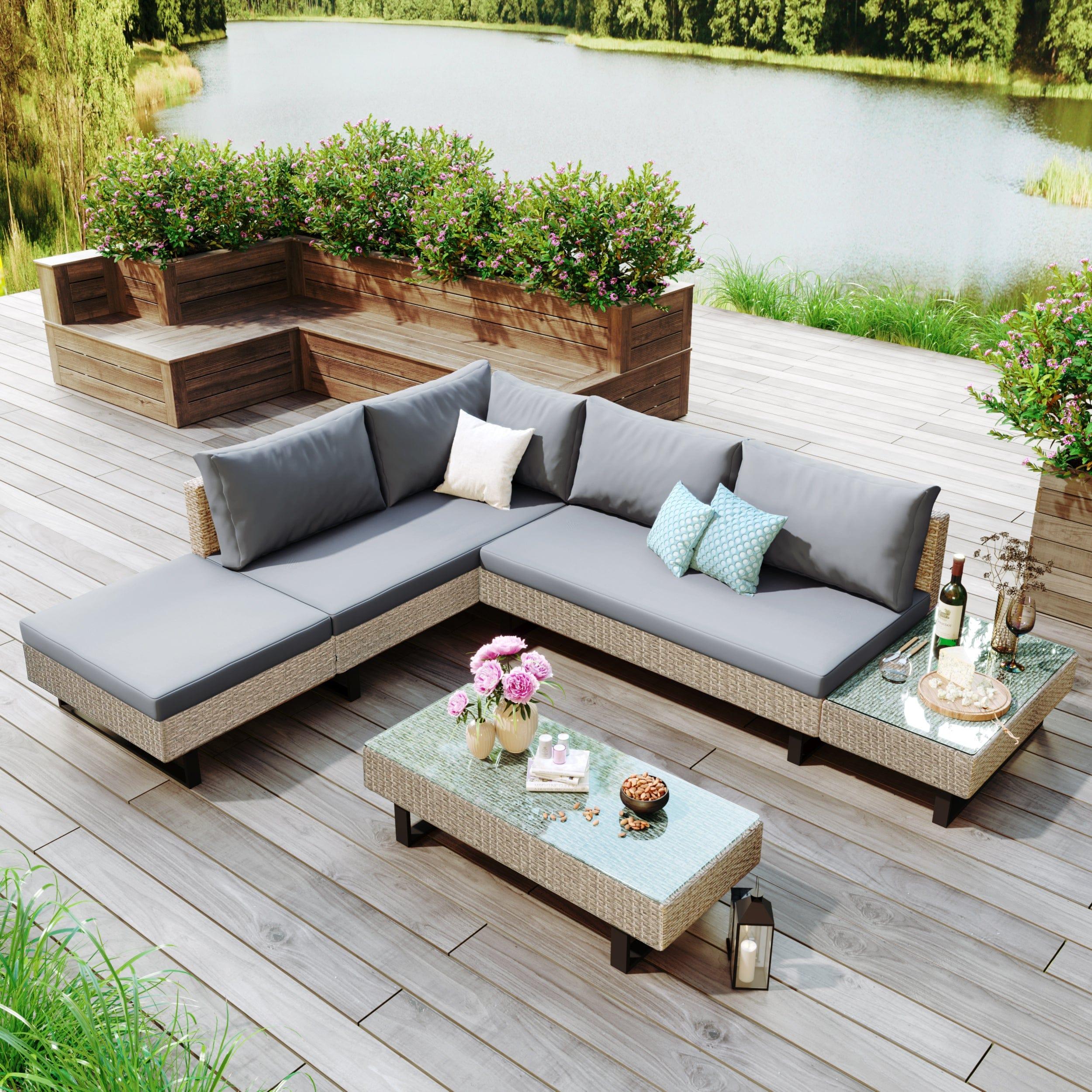 Shop GO 3-piece Outdoor Wicker Sofa Patio Furniture Set, L-shaped Corner Sofa, Water And UV Protected, Two Glass Table, Adjustable Feet And 3.1" Thicker Cushion, Light Gray Cushion and Beige Wicker Mademoiselle Home Decor