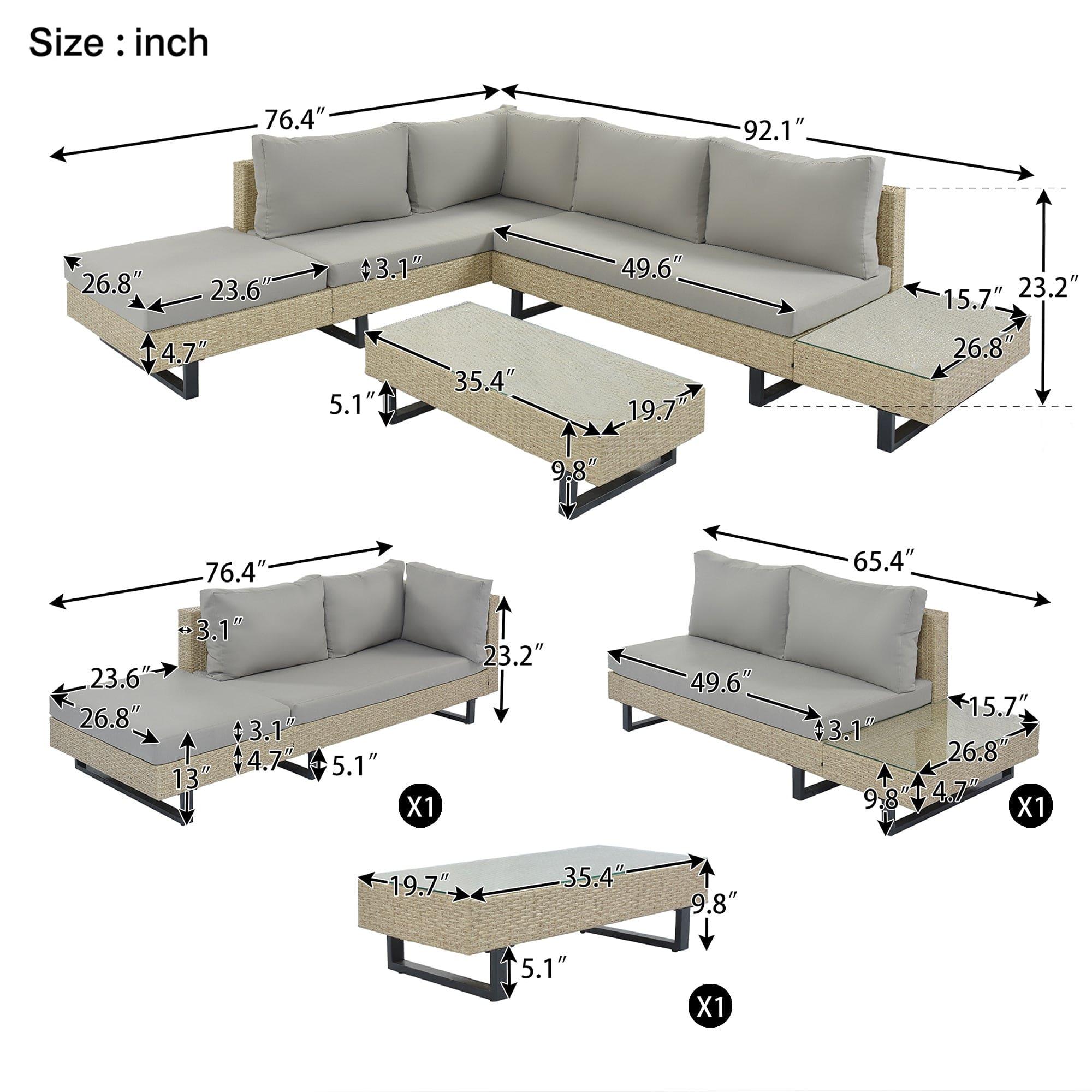 Shop GO 3-piece Outdoor Wicker Sofa Patio Furniture Set, L-shaped Corner Sofa, Water And UV Protected, Two Glass Table, Adjustable Feet And 3.1" Thicker Cushion, Light Gray Cushion and Beige Wicker Mademoiselle Home Decor