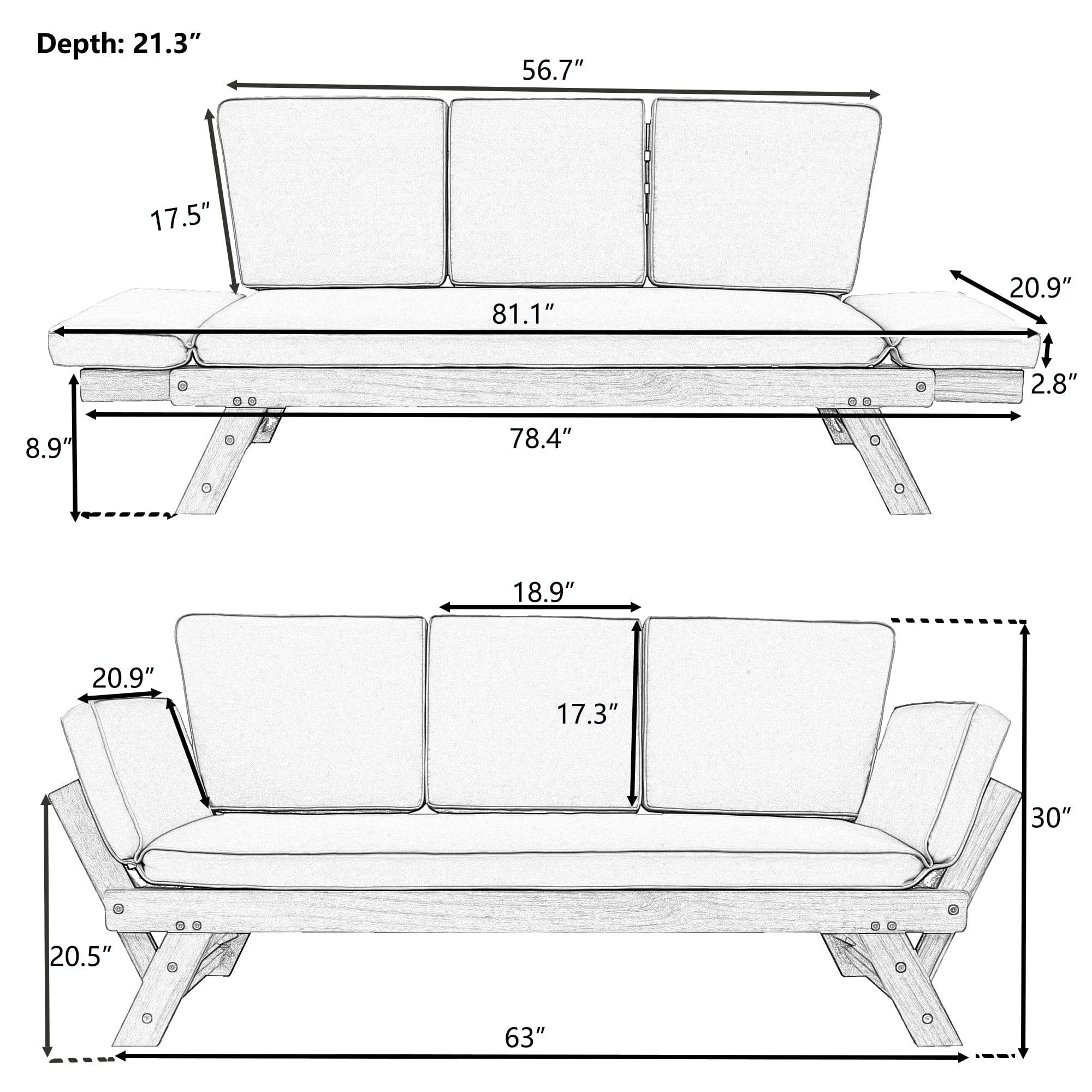 Shop TOPMAX Outdoor Adjustable Patio Wooden Daybed Sofa Chaise Lounge with Cushions for Small Places, Brown Finish+Beige Cushion Mademoiselle Home Decor