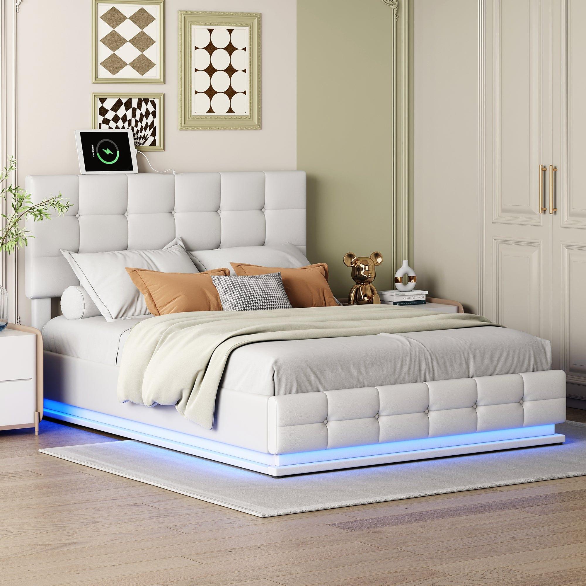 Shop Tufted Upholstered Platform Bed with Hydraulic Storage System,Queen Size PU Storage Bed with LED Lights and USB charger, White Mademoiselle Home Decor