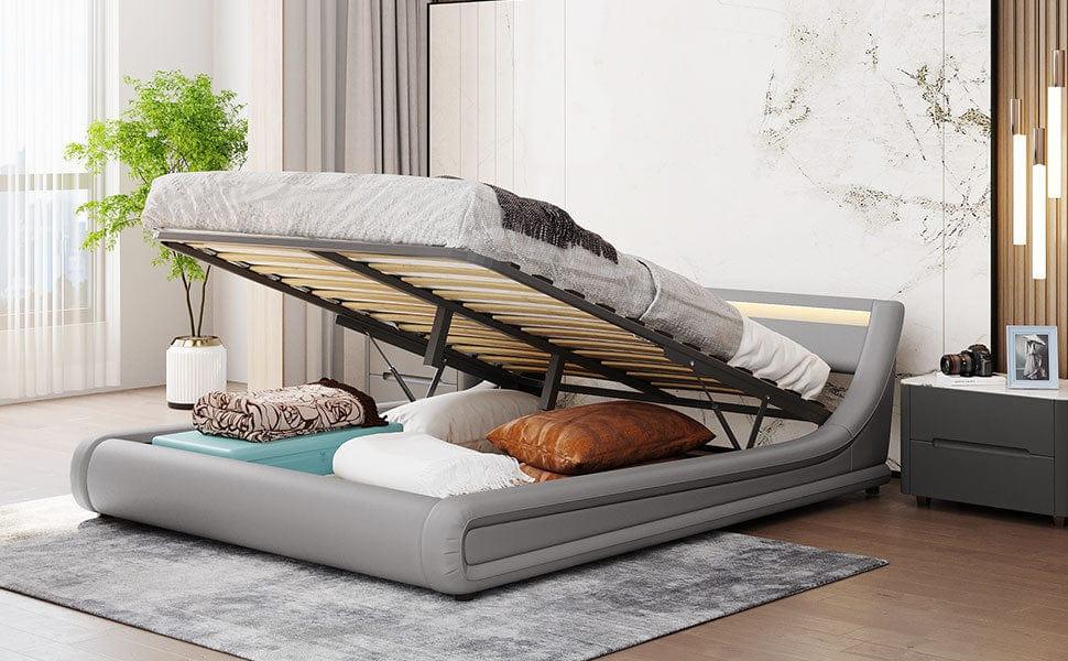 Shop Upholstered Faux Leather Platform bed with a Hydraulic Storage System with LED Light Headboard Bed Frame with Slatted Queen Size Mademoiselle Home Decor