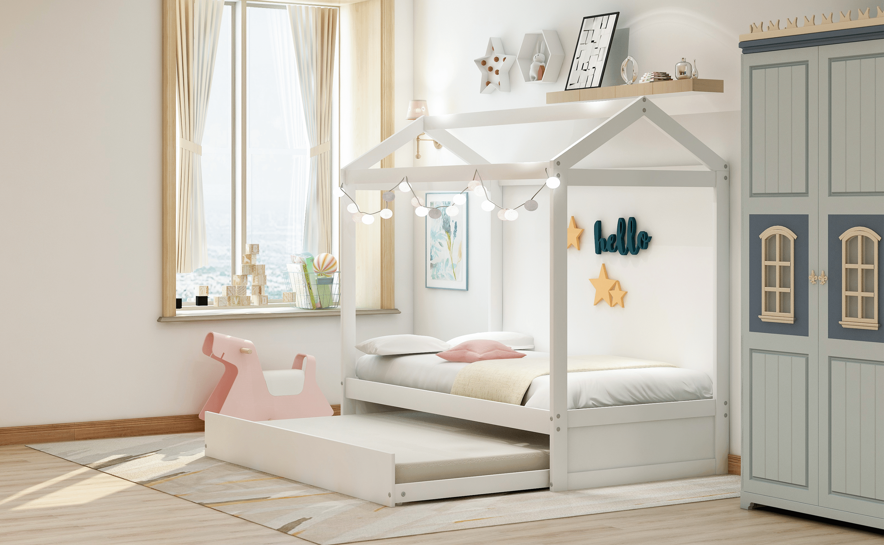 Shop House Bed with Trundle, can be Decorated,White(Old SKU:SM000103AAK) Mademoiselle Home Decor