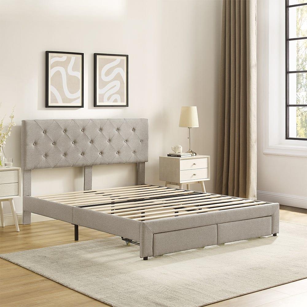 Shop Full Size Storage Bed Linen Upholstered Platform Bed with a 2 Drawers (Beige) Mademoiselle Home Decor