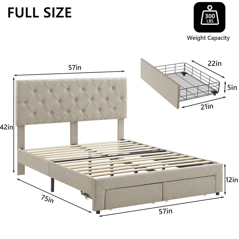 Shop Full Size Storage Bed Linen Upholstered Platform Bed with a 2 Drawers (Beige) Mademoiselle Home Decor