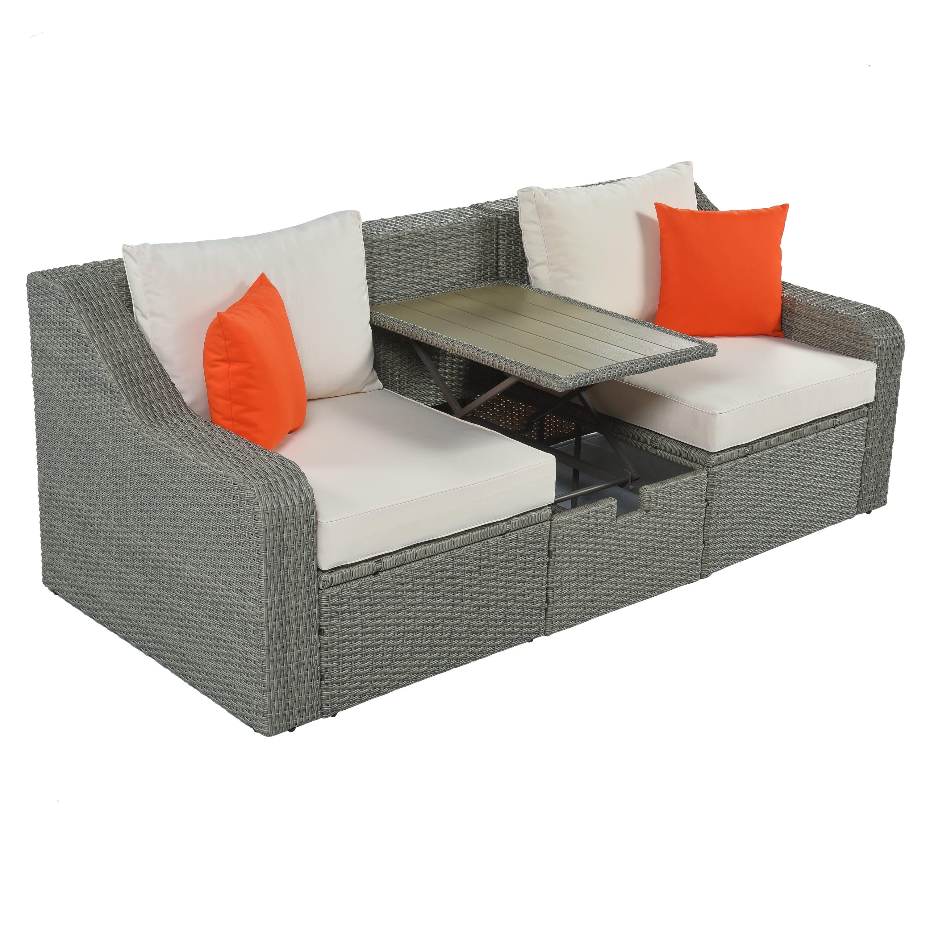 Shop U_STYLE Patio Furniture Sets, 3-Piece Patio Wicker Sofa with  Cushions, Pillows, Ottomans and Lift Top Coffee Table Mademoiselle Home Decor