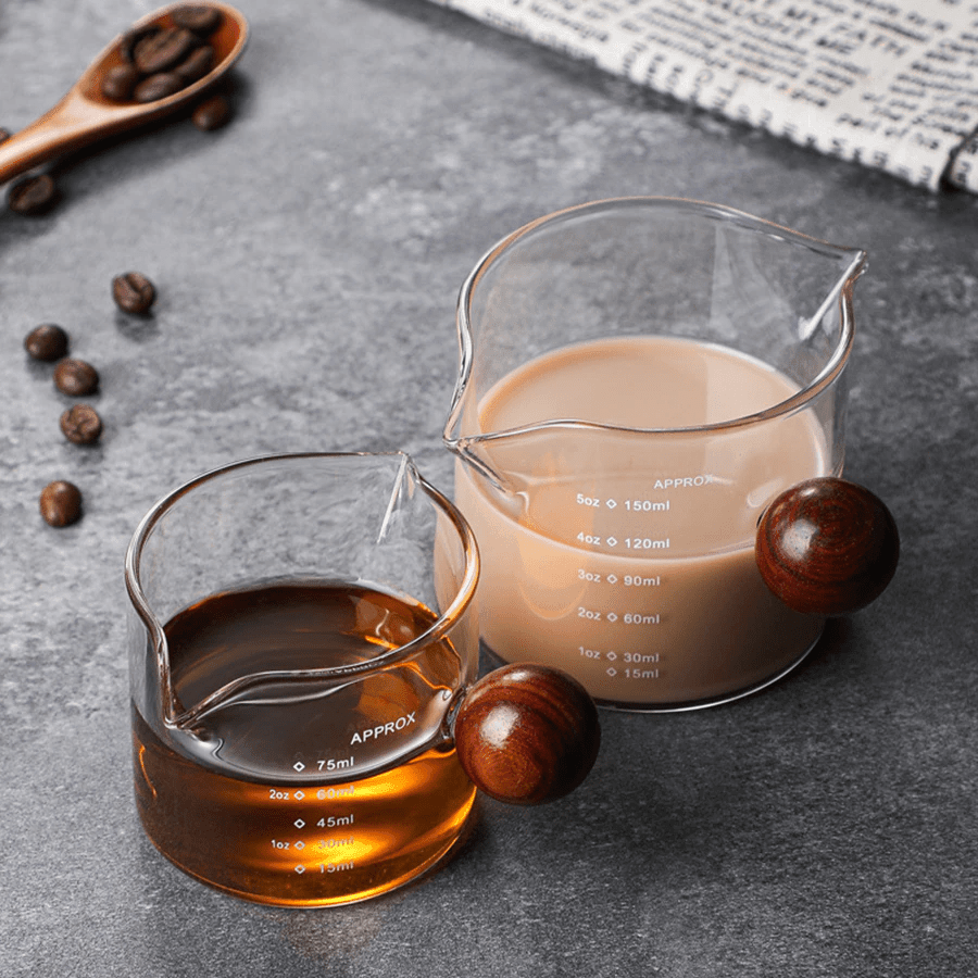 Shop 0 50/75/100/150ml Wood Handle Glass Espresso Measuring Cup Double/Single Mouth Milk Jug Coffee Supplies Clear Kitchen Measure Mug Mademoiselle Home Decor