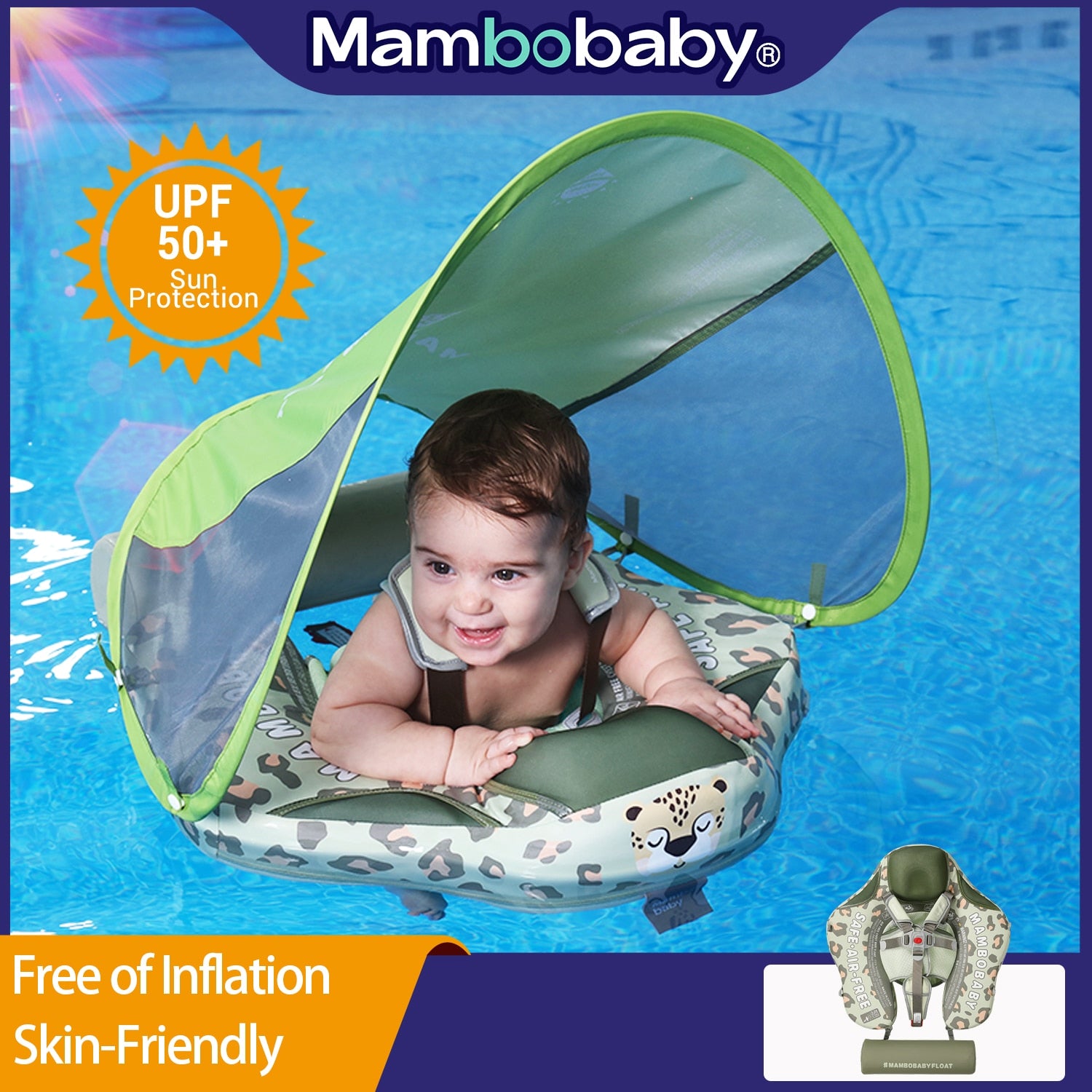 MAMBO™ BABY AIRLESS LEOPARD FLOAT RING WITH UPF50+ CANOPY (2023 DELUXE EDITION SWIM-TRAINER)